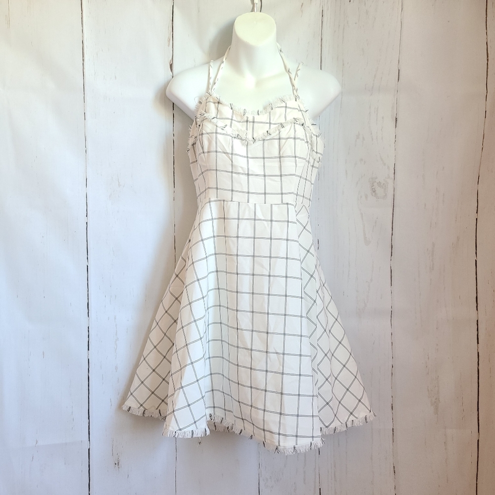 Essue check halter strappy mini dress white plaid